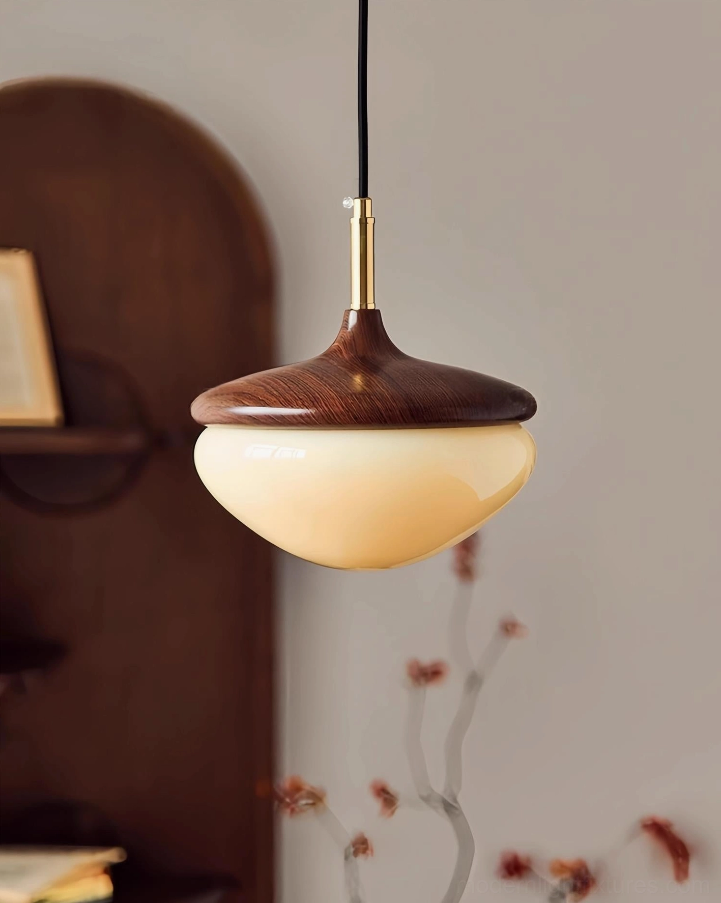 Belora Wood Pendant Light in Study Nook - Cozy Retro Minimalist Ambiance