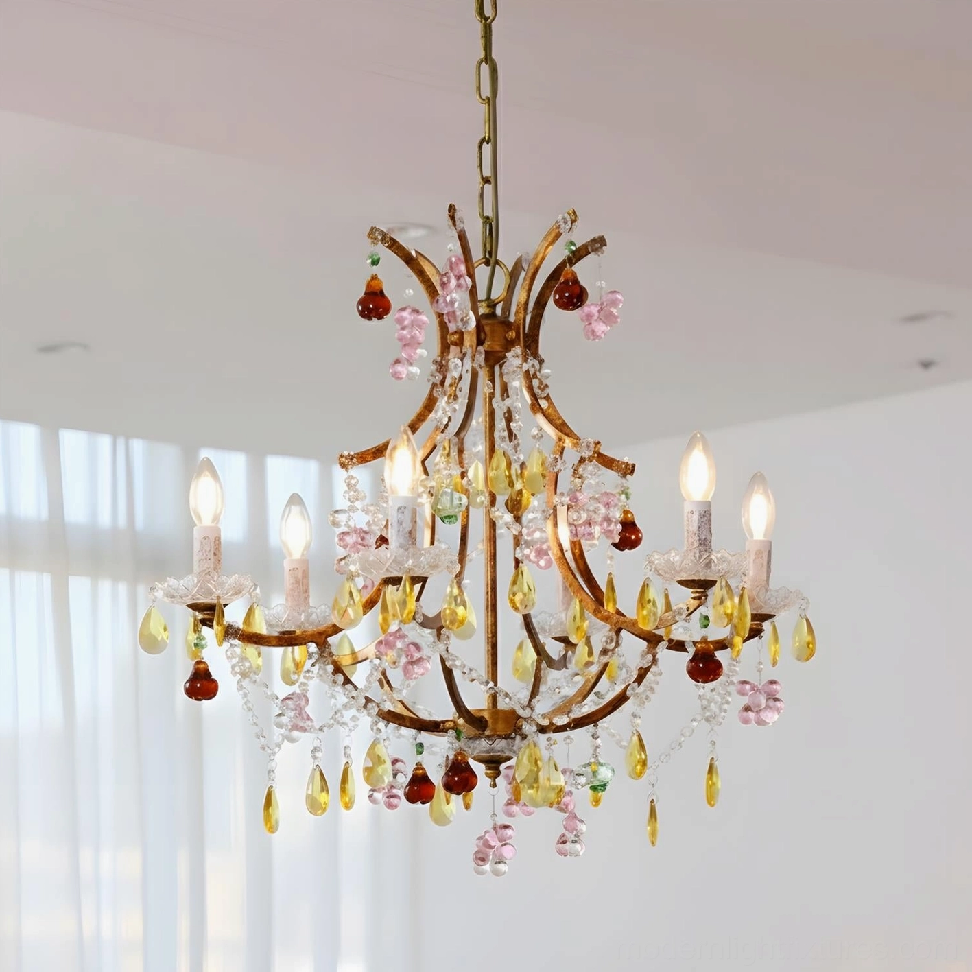 6-head Beloria floral crystal chandelier with colored glass pendants and bronze metal finish