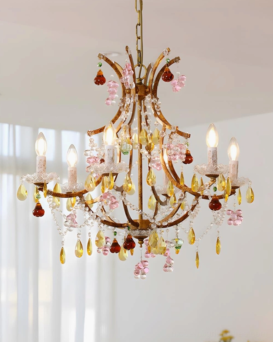 Beloria antique gold chandelier multi-head configuration showcasing jewel-tone amber and cobalt glass elements