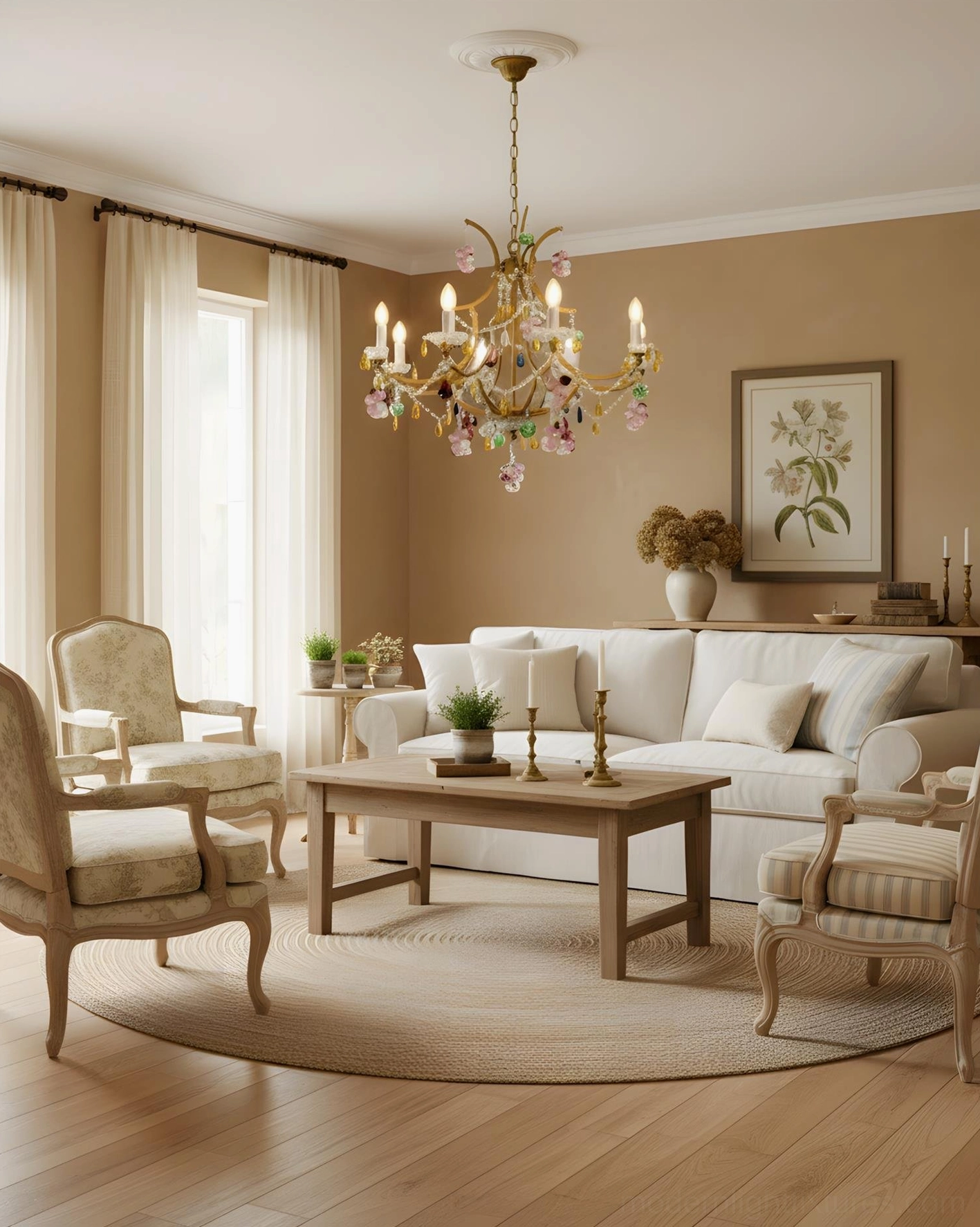 Beloria vintage crystal chandelier hanging in modern living room with sheer white curtains
