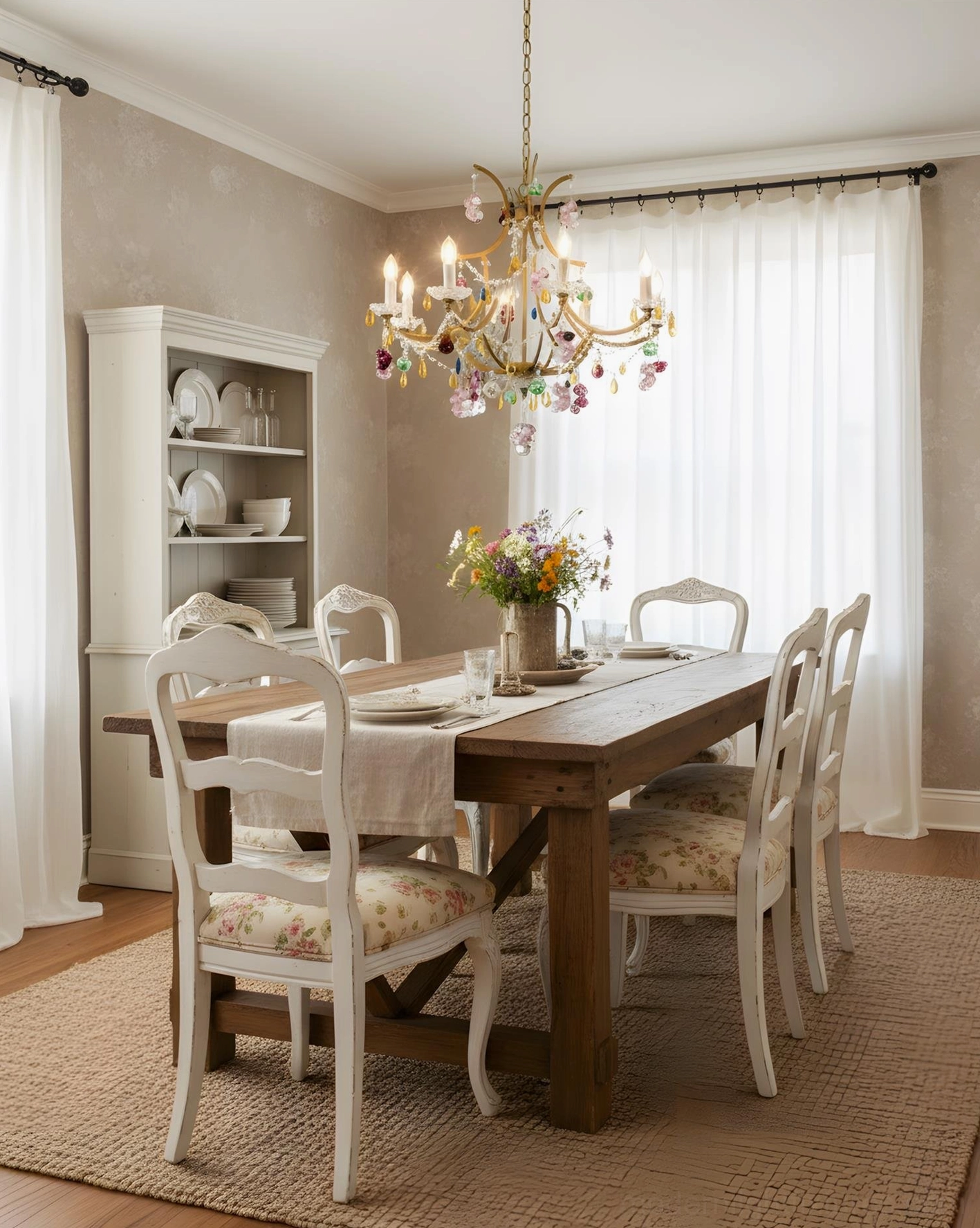 Beloria floral crystal chandelier illuminating farmhouse dining room with wooden table and floral chairs