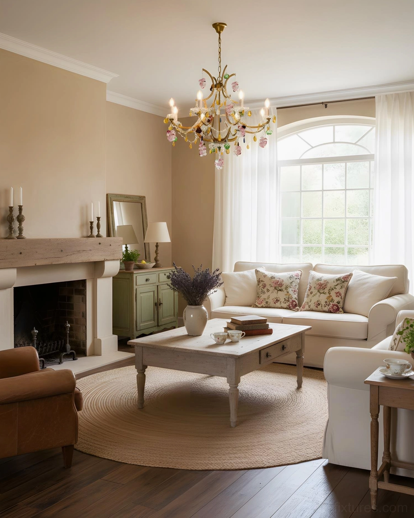 Beloria antique gold chandelier in farmhouse living room with fireplace and neutral décor