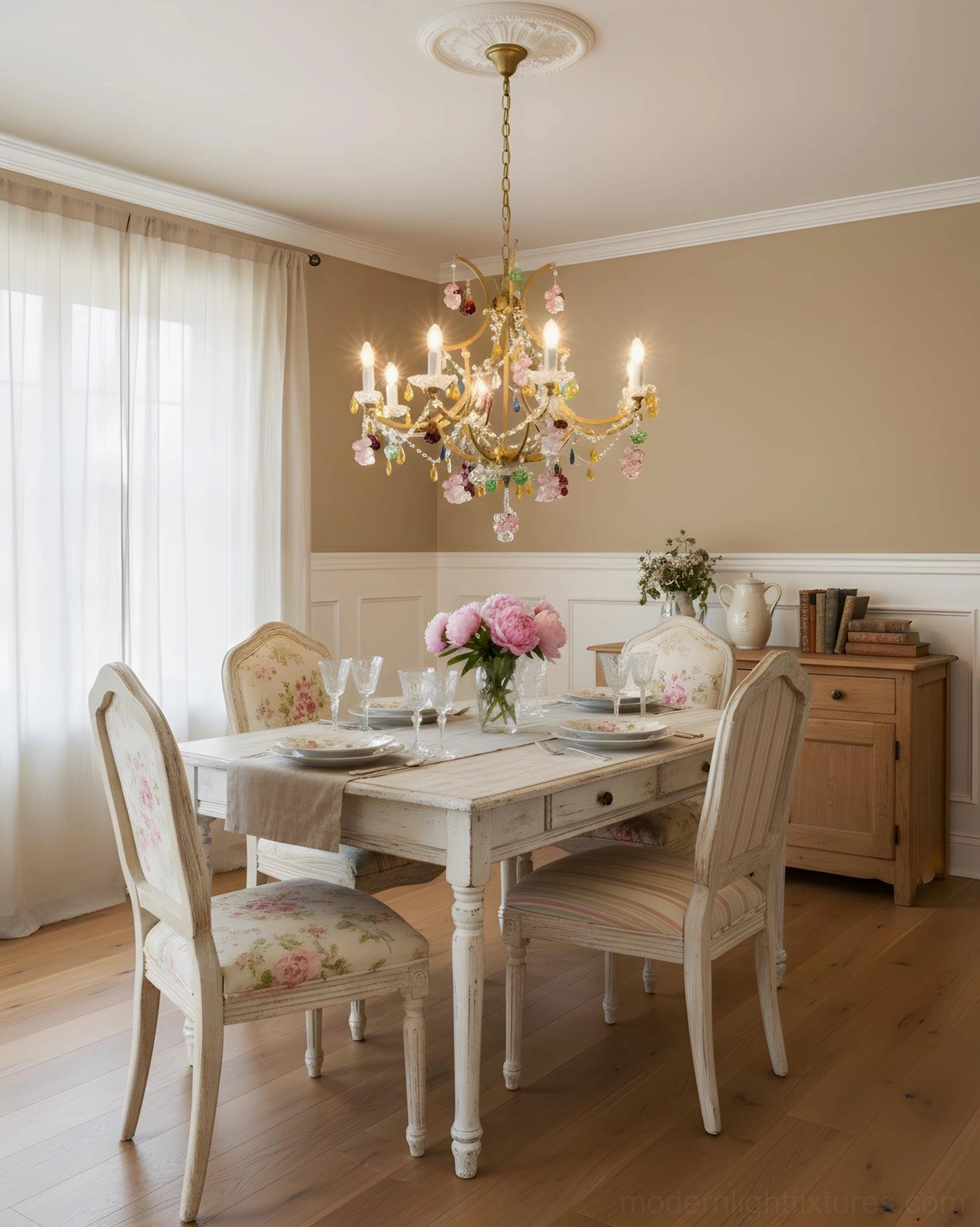 Beloria crystal chandelier illuminating bright farmhouse dining room with white wooden furniture