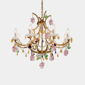 Beloria floral crystal chandelier overhead view with hand-formed glass blossoms and antique gold metal arms