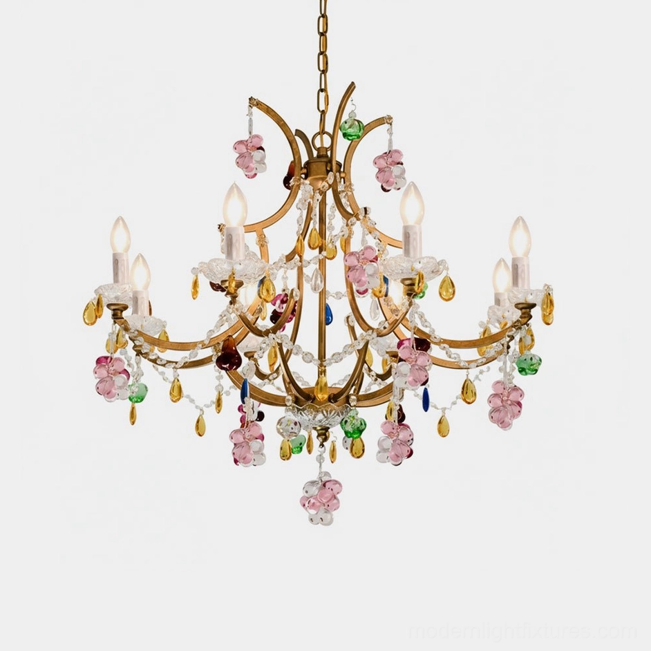 Beloria floral crystal chandelier overhead view with hand-formed glass blossoms and antique gold metal arms