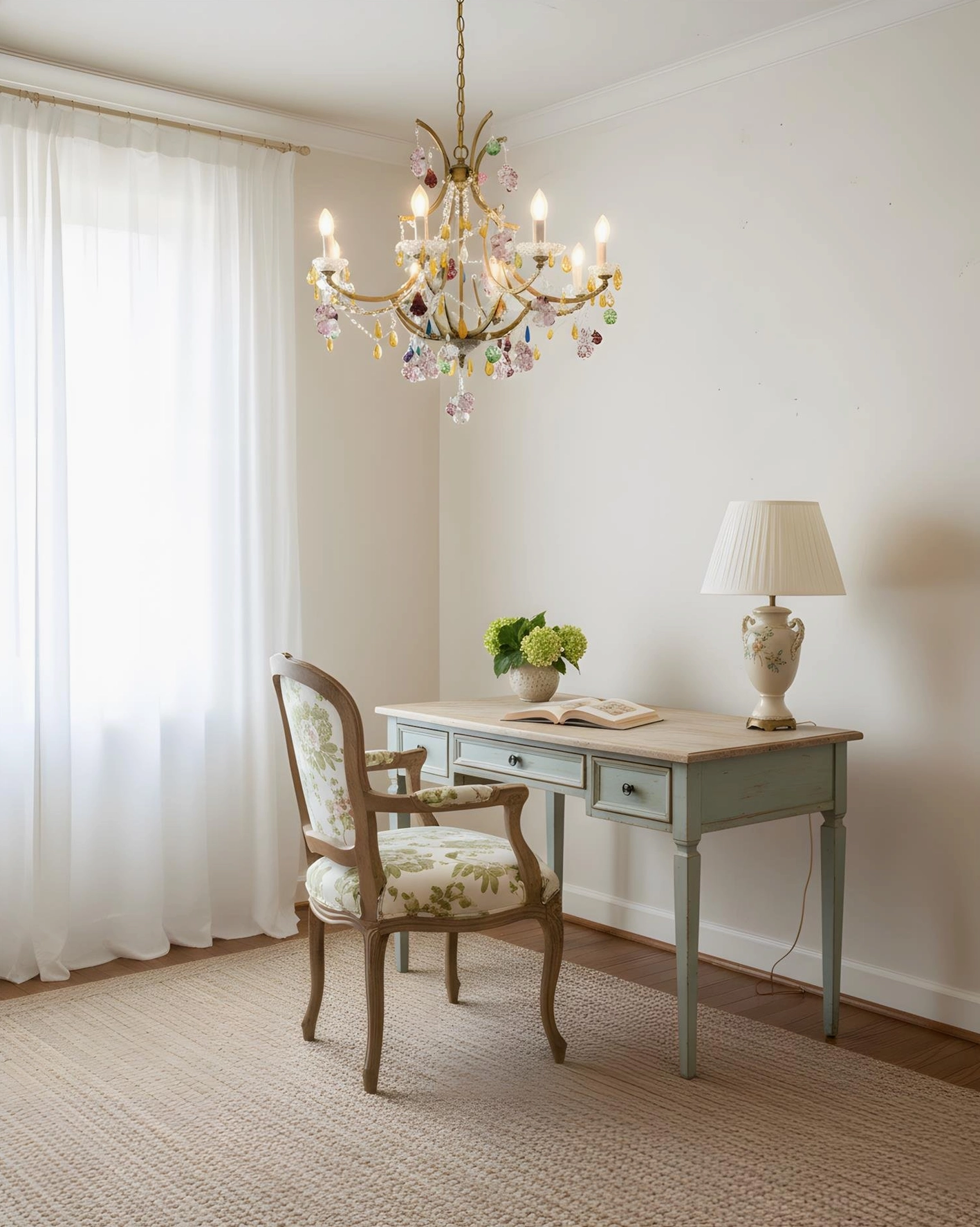 Beloria crystal chandelier in minimalist home office creating ambient light over work desk