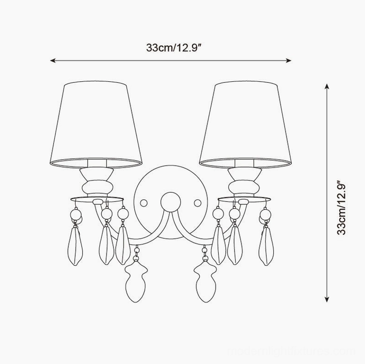 Belvianne double-head wall sconce technical schematic drawing showing 33cm width and height dimensions with decorative beaded pendants