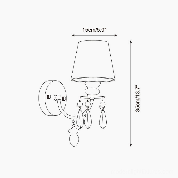 Belvianne single-head wall sconce technical schematic drawing showing 15cm width and 35cm height dimensions with crystal-style pendants