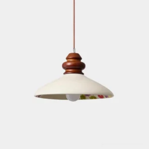 Belvin pendant light front view ceramic shade with walnut wooden accent and hidden floral interior pattern