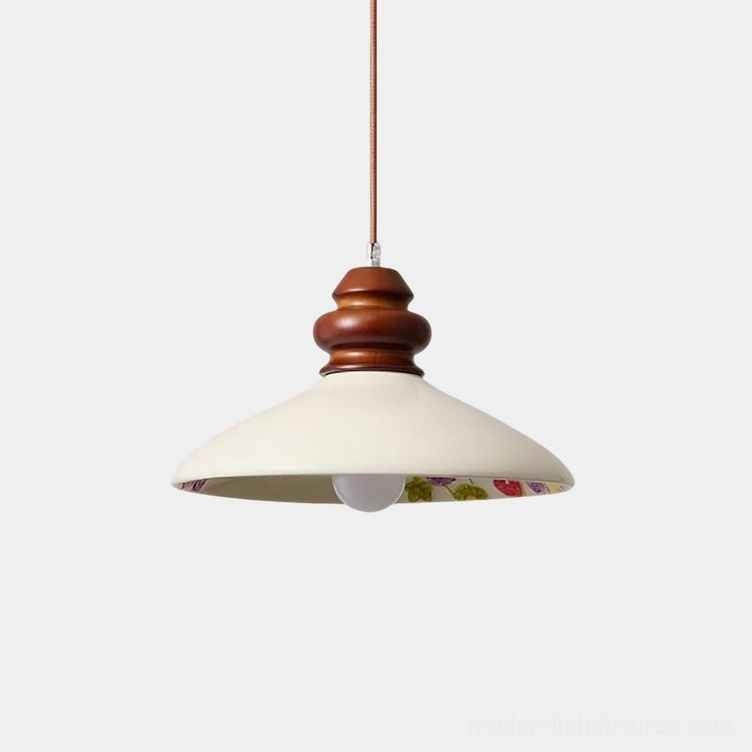 Belvin pendant light front view ceramic shade with walnut wooden accent and hidden floral interior pattern