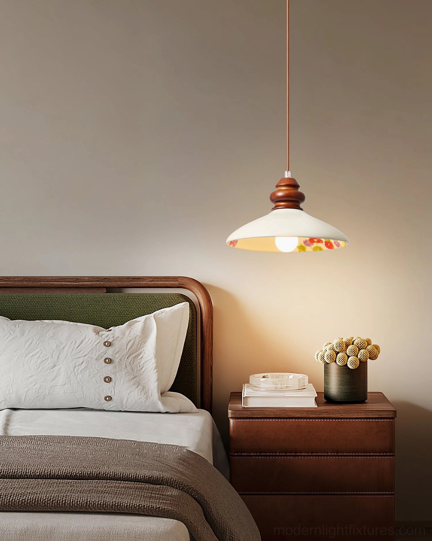 Belvin pendant light in cozy bedroom setting with wooden nightstand retro country style