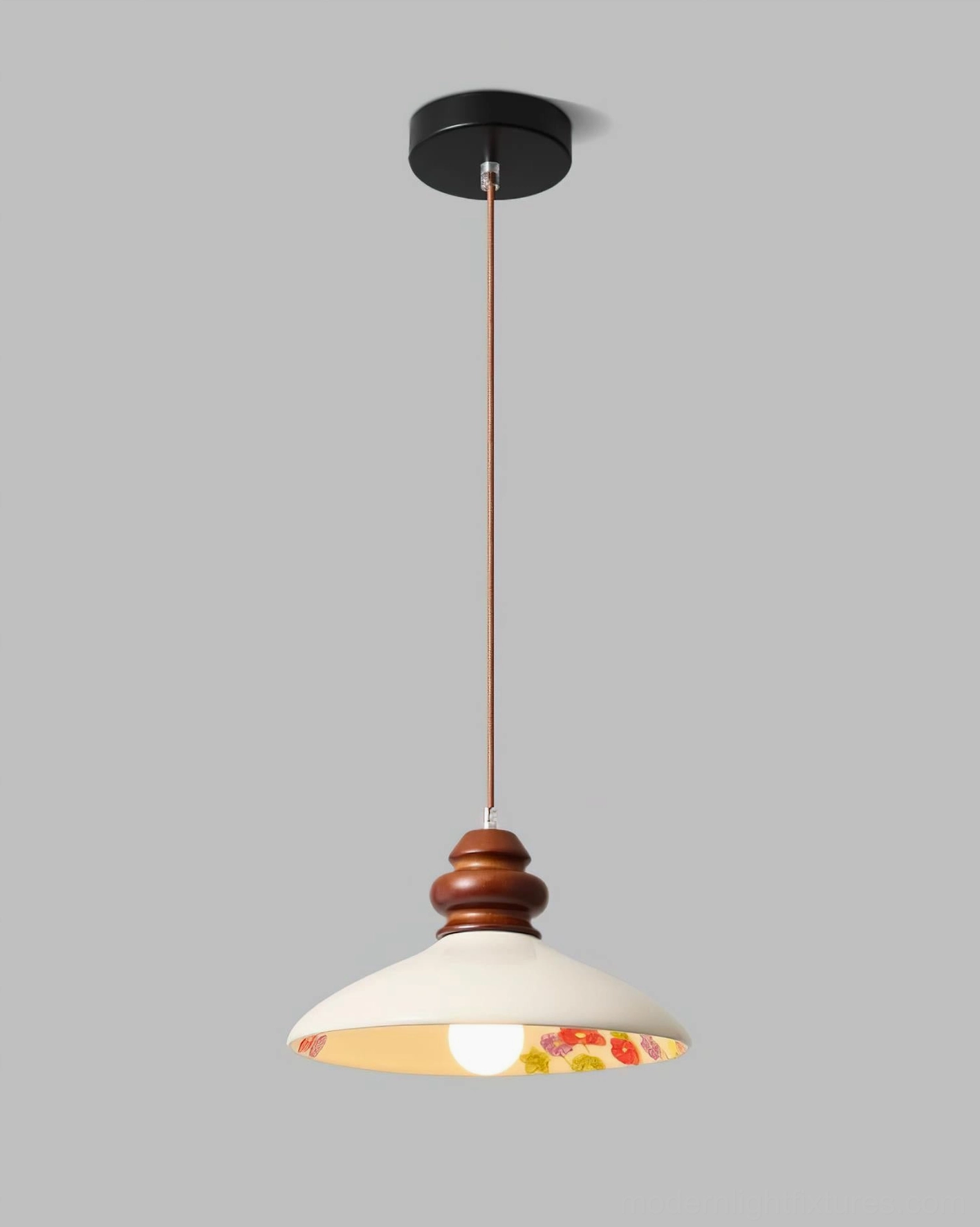 Belvin pendant light hanging view showing black ceiling canopy brown fabric cord and wooden fixture