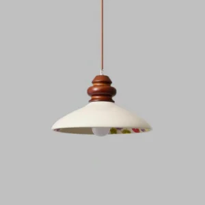 Belvin pendant light side angle showing exposed bulb and ceramic-wood design detail