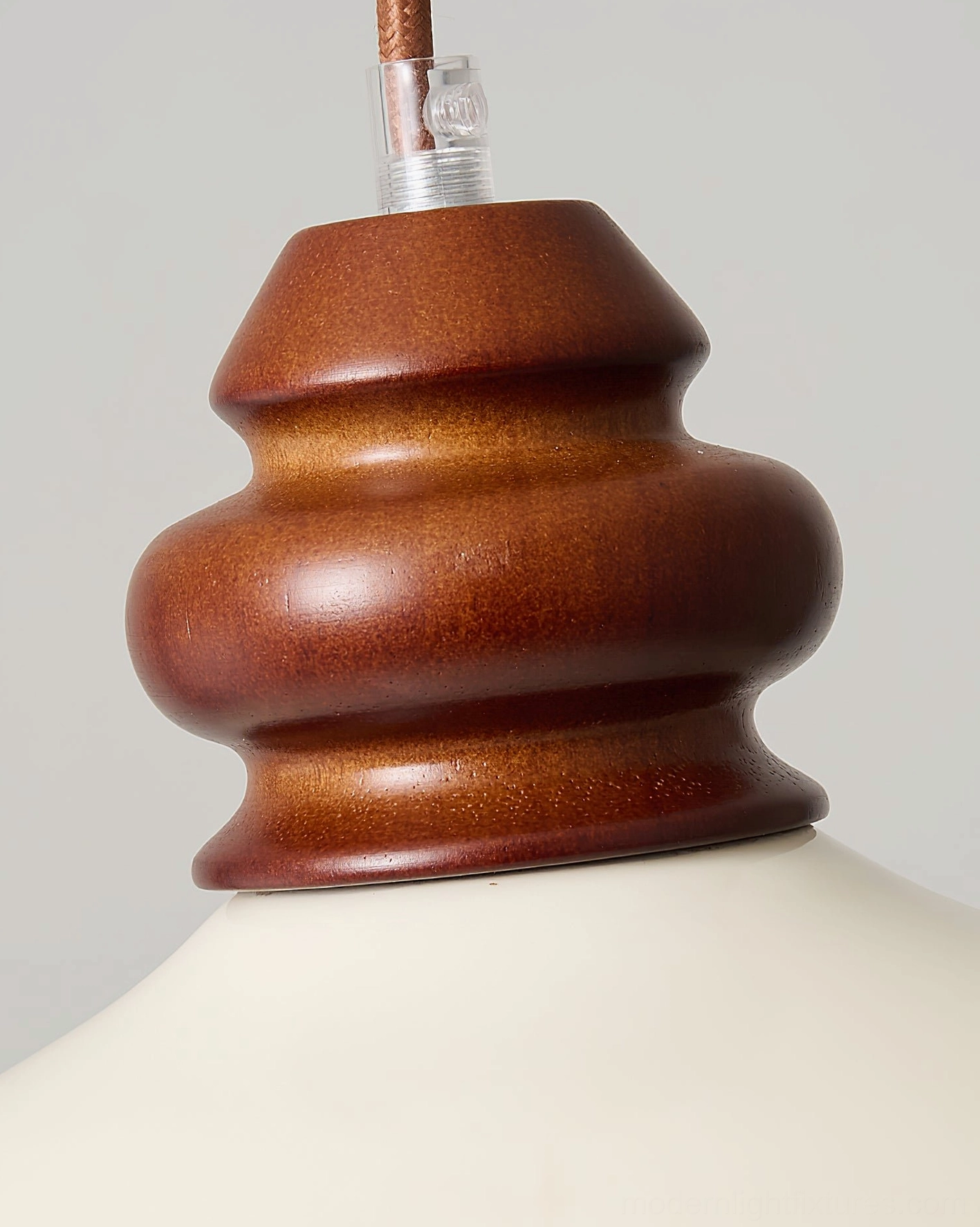 Belvin pendant light close-up top view polished walnut wooden fixture and wiring detail