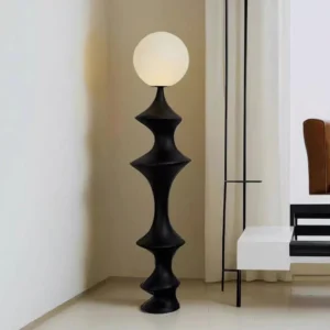 Benaya contemporary floor lamp in modern living room corner with minimalist black side rack and warm home decor