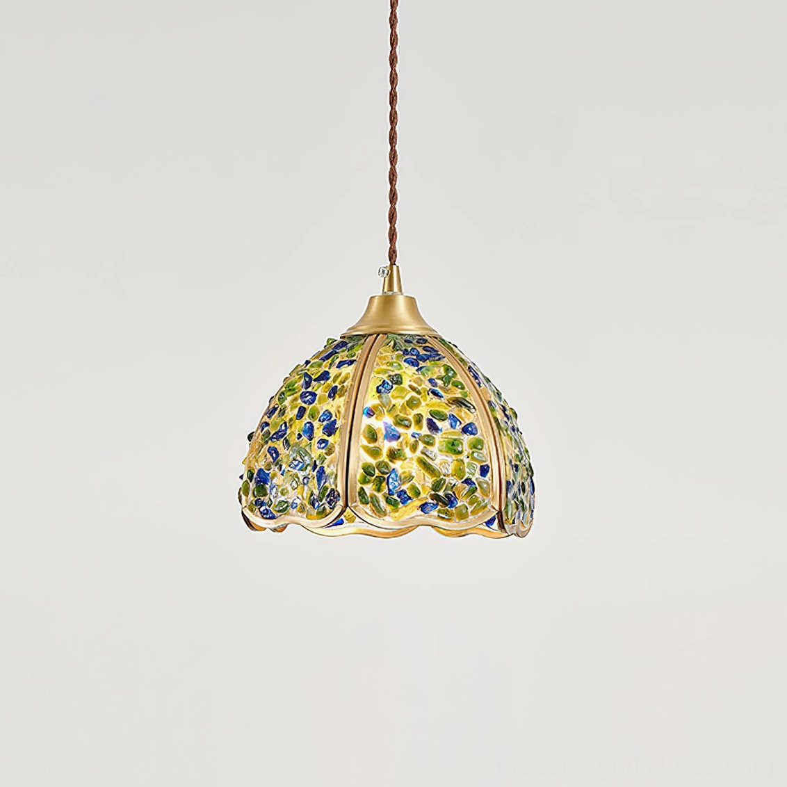 Blue and yellow multi-tone Beryl agate pendant lamp with crushed glass mosaic and brass trim