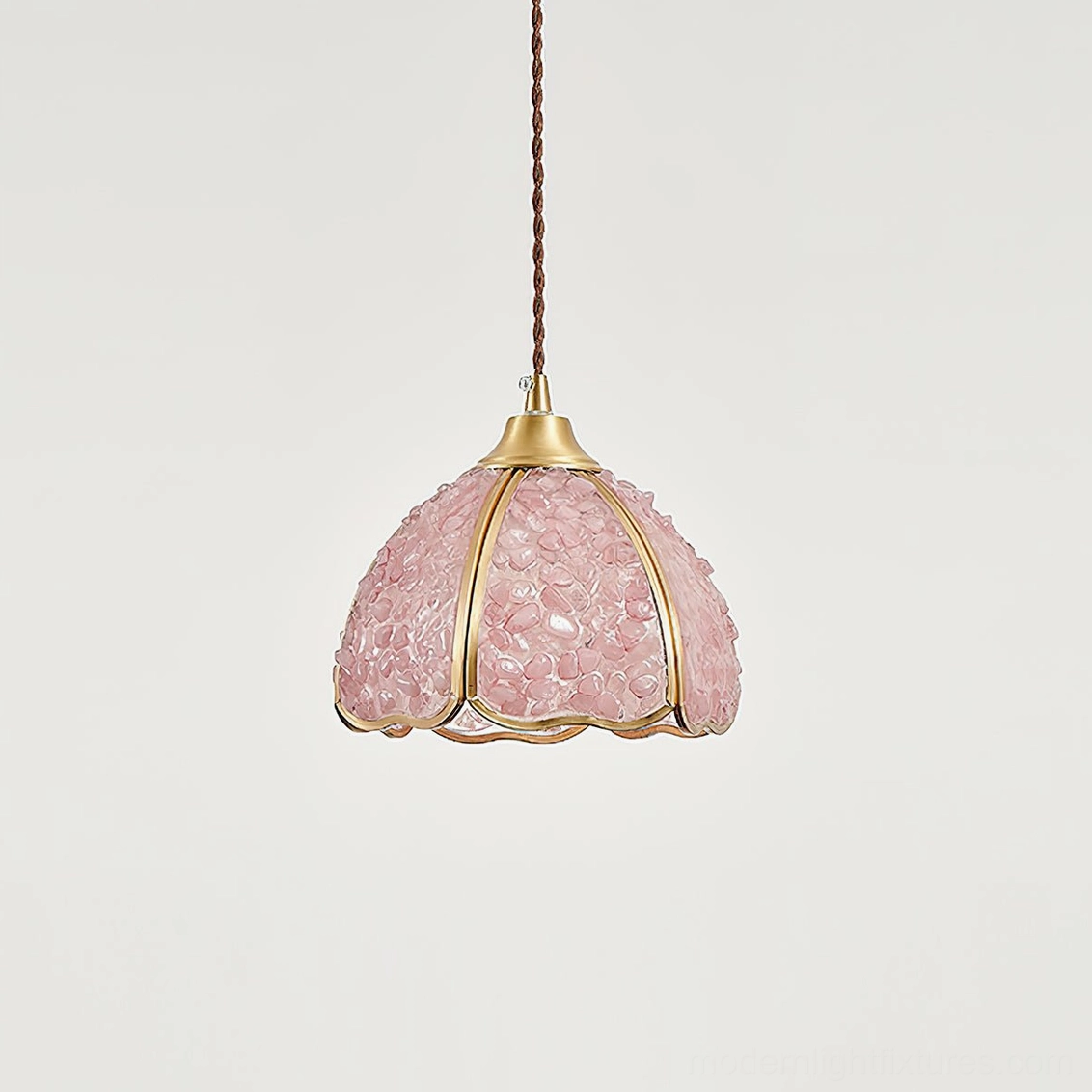 Pink Beryl hand-crafted agate pendant lamp with scalloped silhouette and brass fixtures