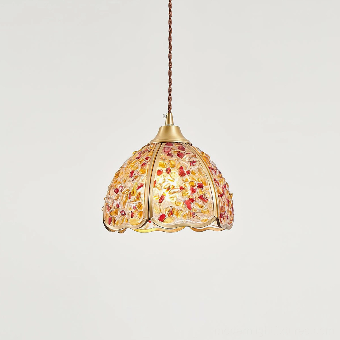 Purple Beryl hand-crafted agate mosaic pendant light with scalloped rim and brass hardware