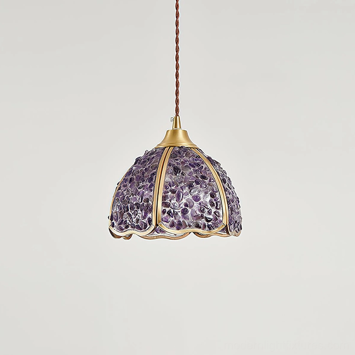 Purple Beryl hand-crafted agate pendant lamp front view with compact scalloped dome design