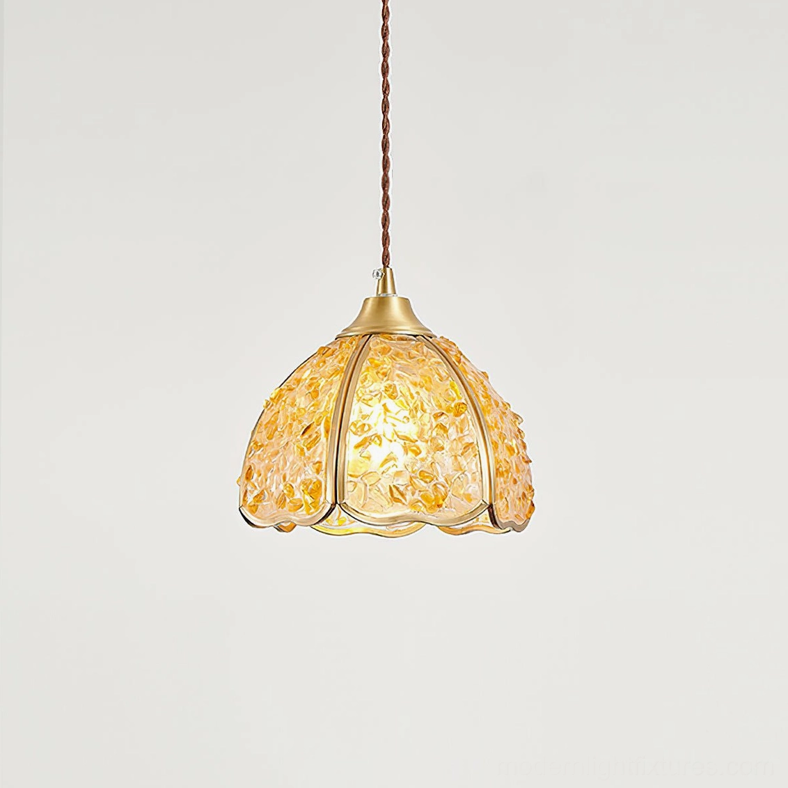 Purple Beryl stained glass pendant lamp with hand-set agate mosaic and brass fixtures detail