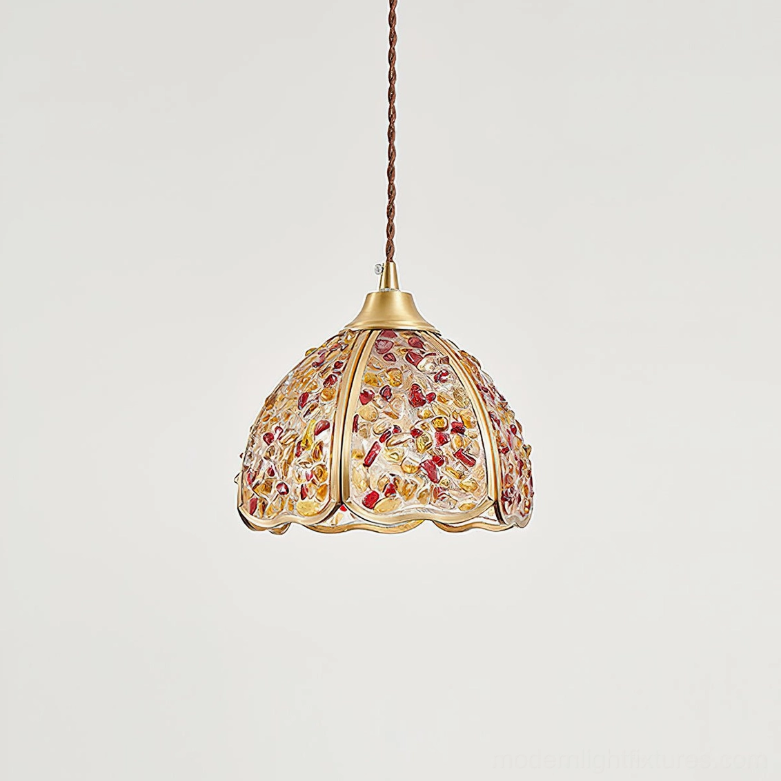 Red Beryl stained glass pendant lamp with hand-set agate mosaic and brass frame detail
