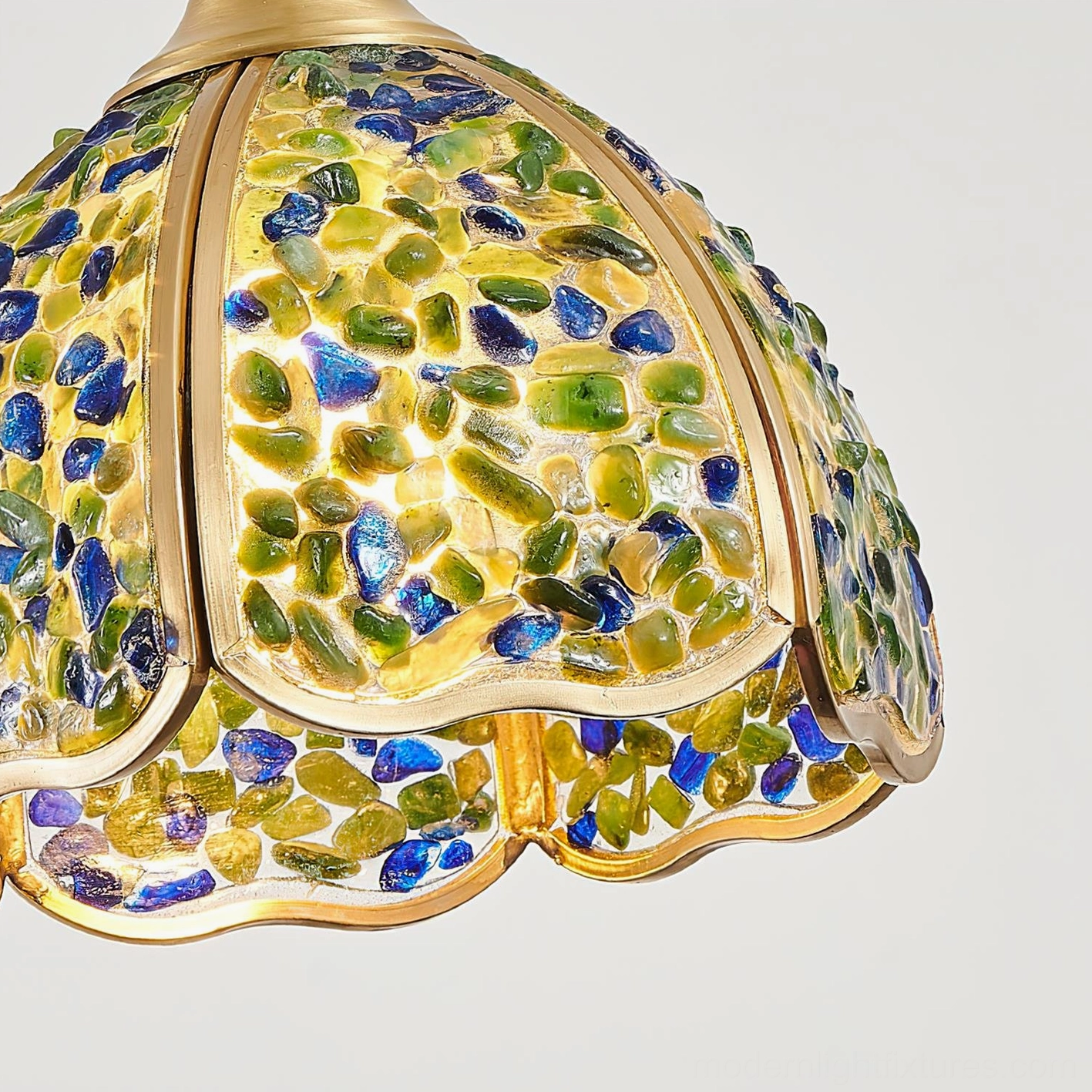 Teal-blue Beryl mosaic pendant light close-up showing crushed agate glass and brass hardware detail