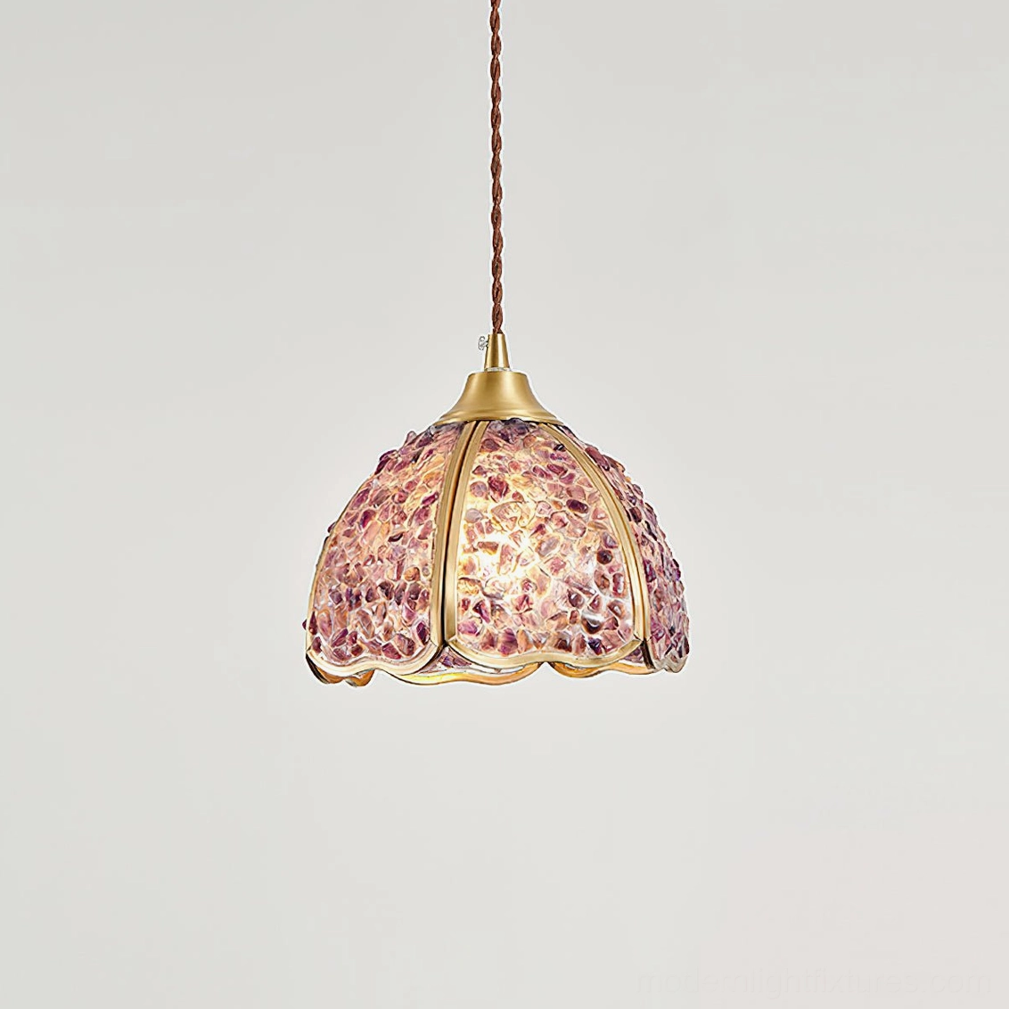 Teal Beryl agate mosaic pendant light with crushed glass shade and elegant brass hardware