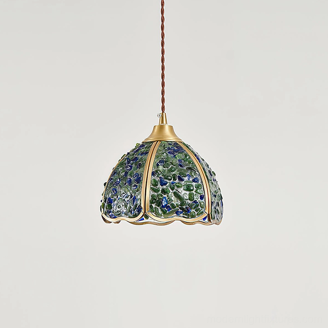 Deep teal Beryl mosaic pendant light with twisted cord and scalloped dome shade front view