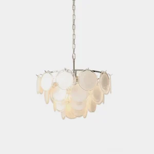 Bettina tiered glass disc chandelier front overhead view with frosted white glass discs and silver metal frame on white background