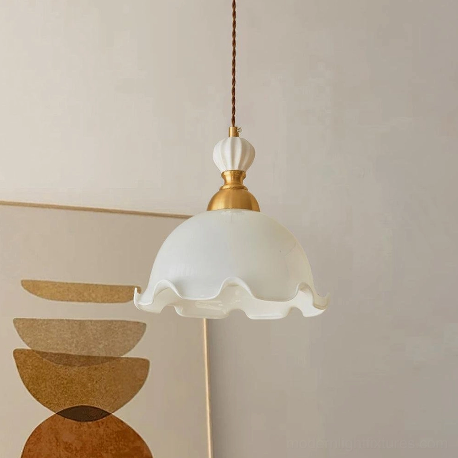 Bianca brass and white glass pendant lamp, 20cm diameter fixture, vintage aesthetic hanging light