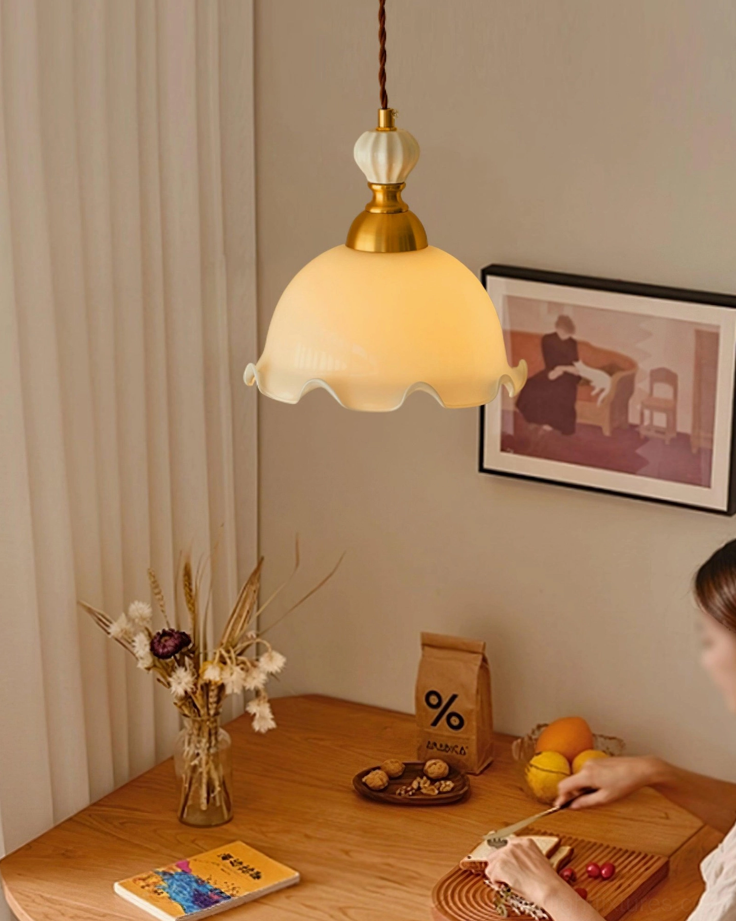 Bianca pendant lamp in eclectic interior, hanging light with warm glow, mid-century modern styling