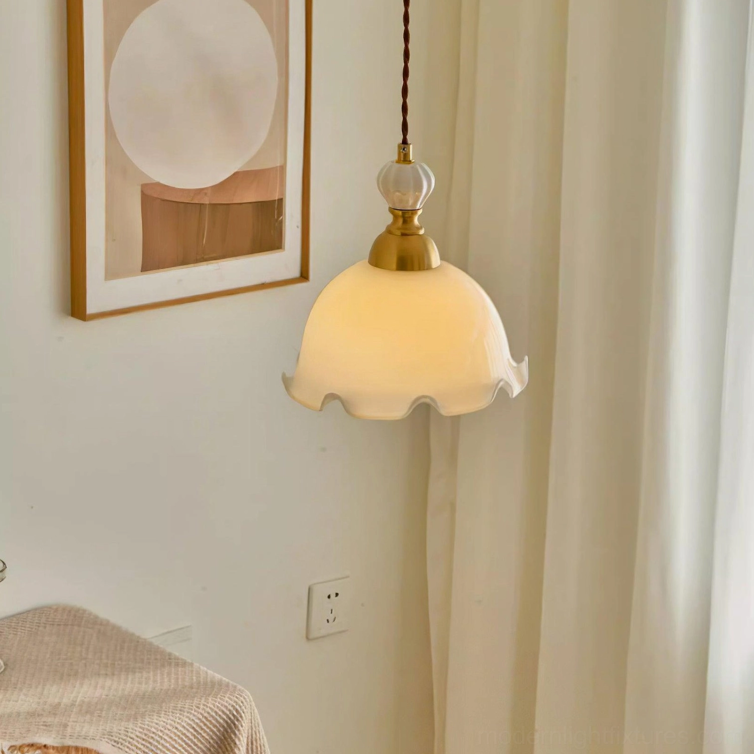 Bianca vintage pendant lamp lit in home interior, warm ambient lighting above table with wall decor