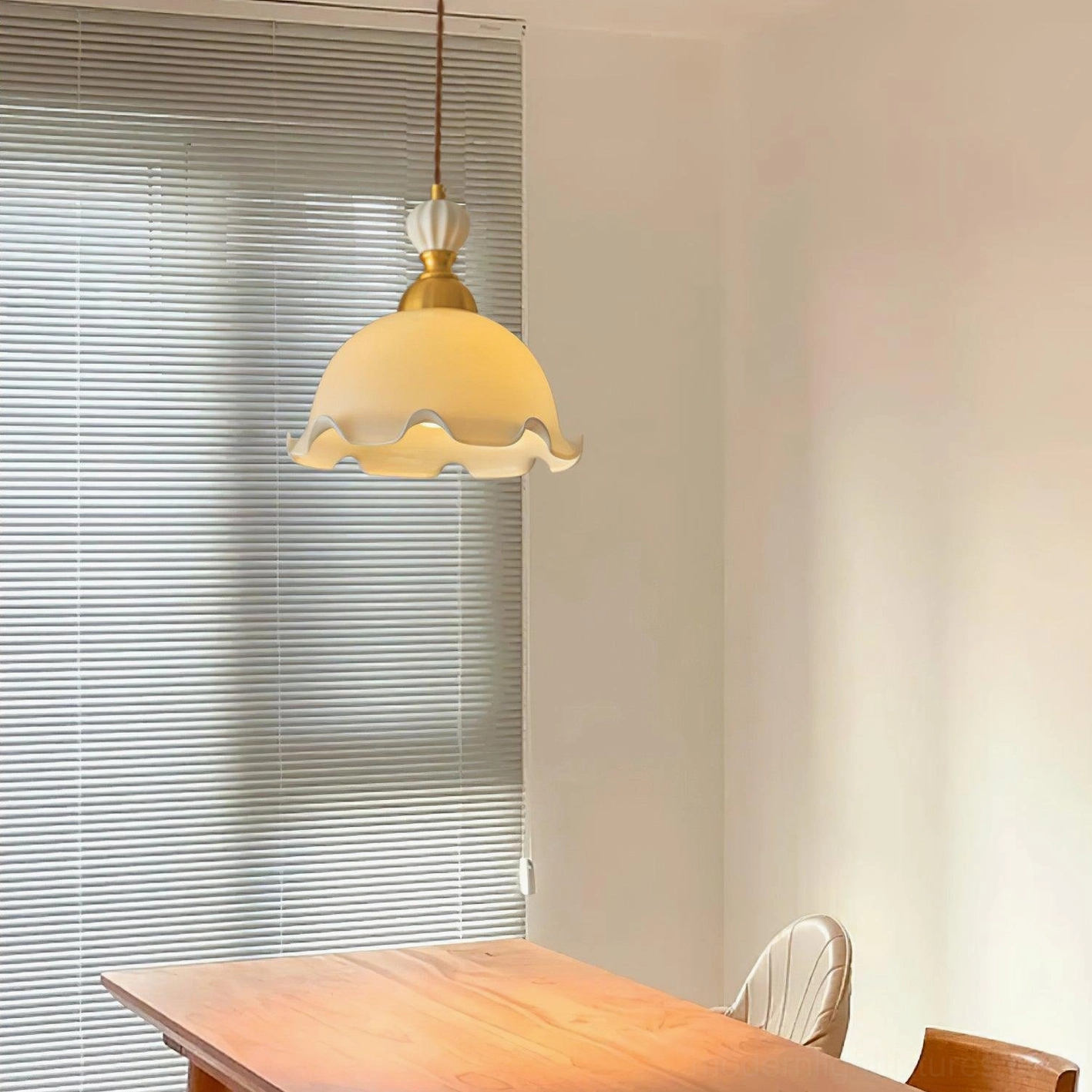 Bianca retro pendant lamp glass shade with wavy rim design, milky white finish, artisanal glass detail