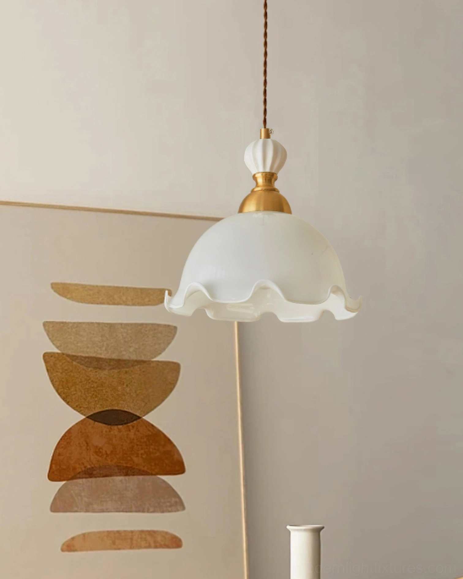 Bianca retro pendant light three-quarter side angle, brass and milky white glass shade with decorative wall art