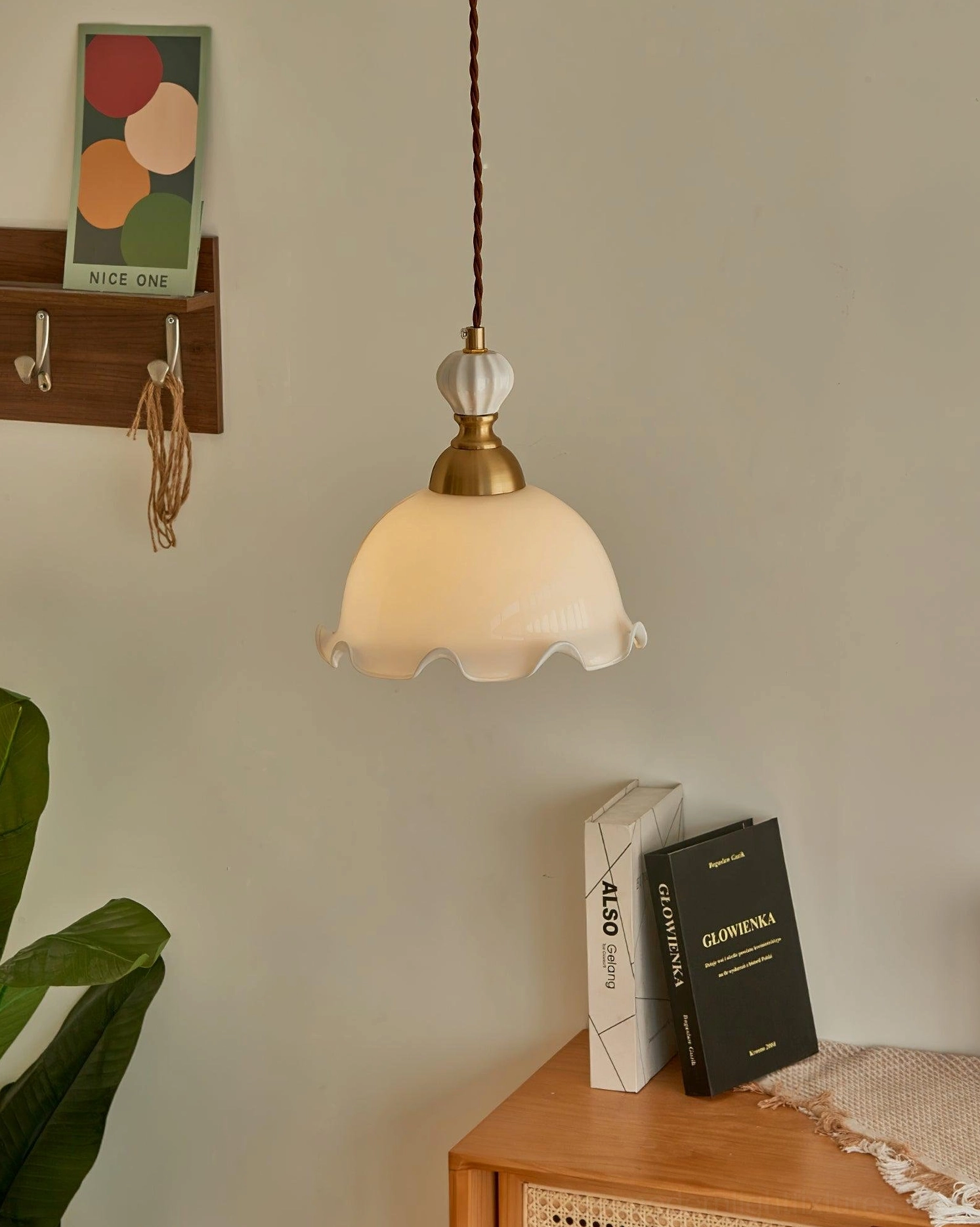 Bianca vintage brass pendant light, complete fixture view, French countryside aesthetic, home lighting