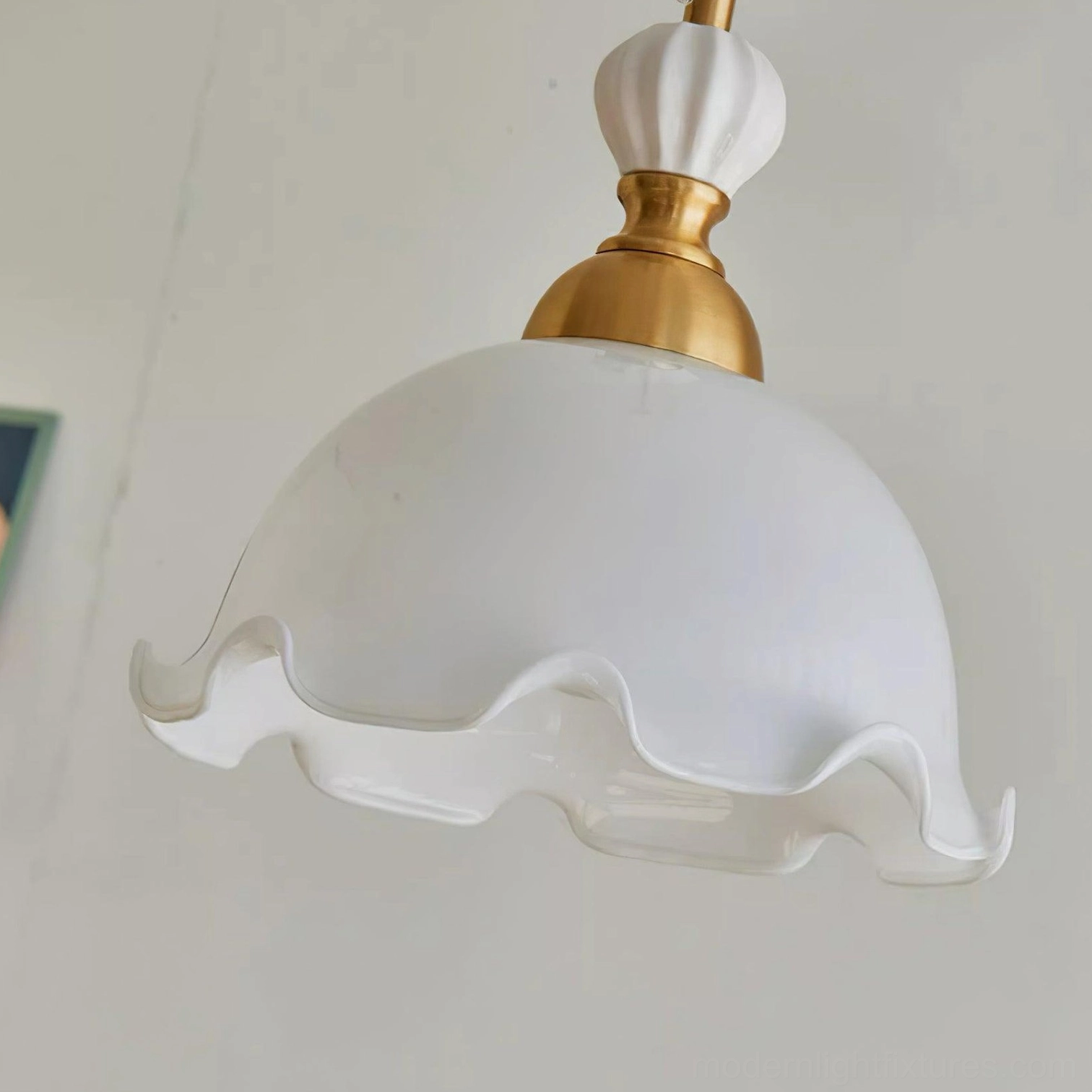 Bianca wavy rim pendant in modern kitchen island setting, vintage fixture lighting, functional home decor