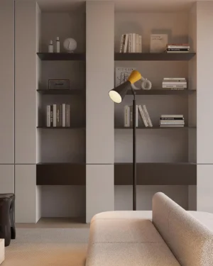 Bino contemporary floor lamp creating ambient lighting in minimalist interior space