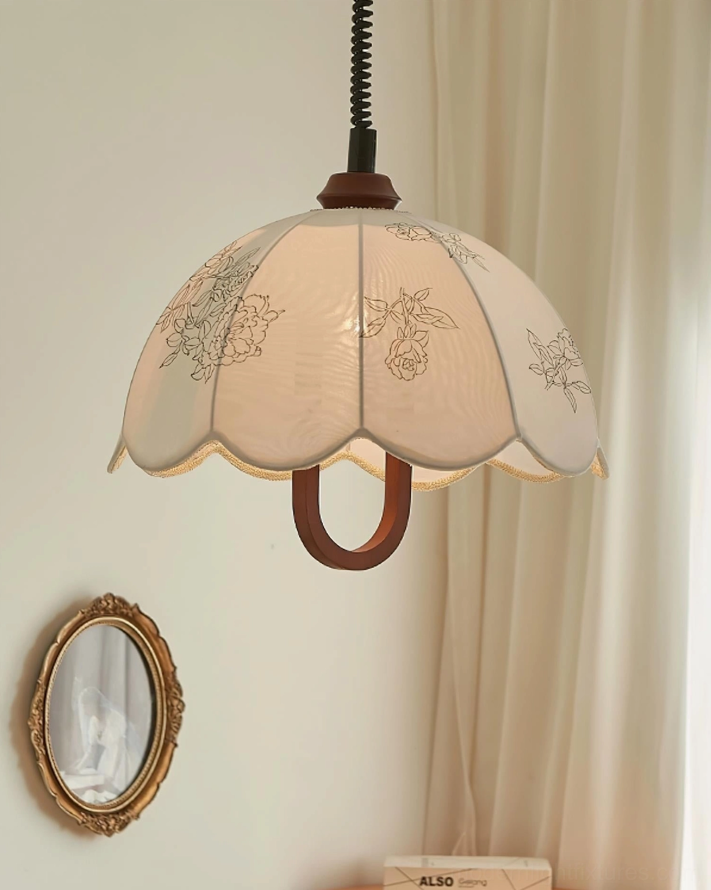 Binta pendant light side view warm cottage style beige curtains vintage mirror