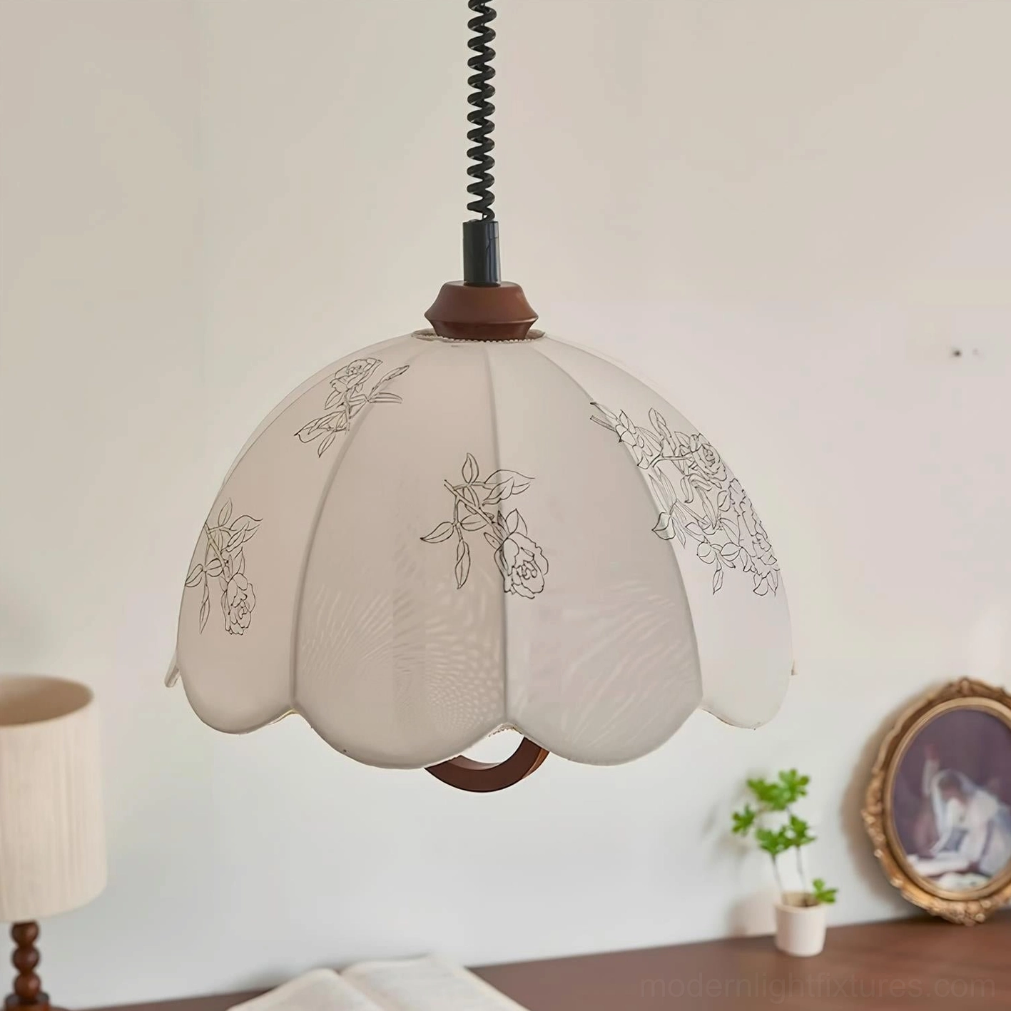 Binta pumpkin scalloped pendant lamp front side view home office plants decor