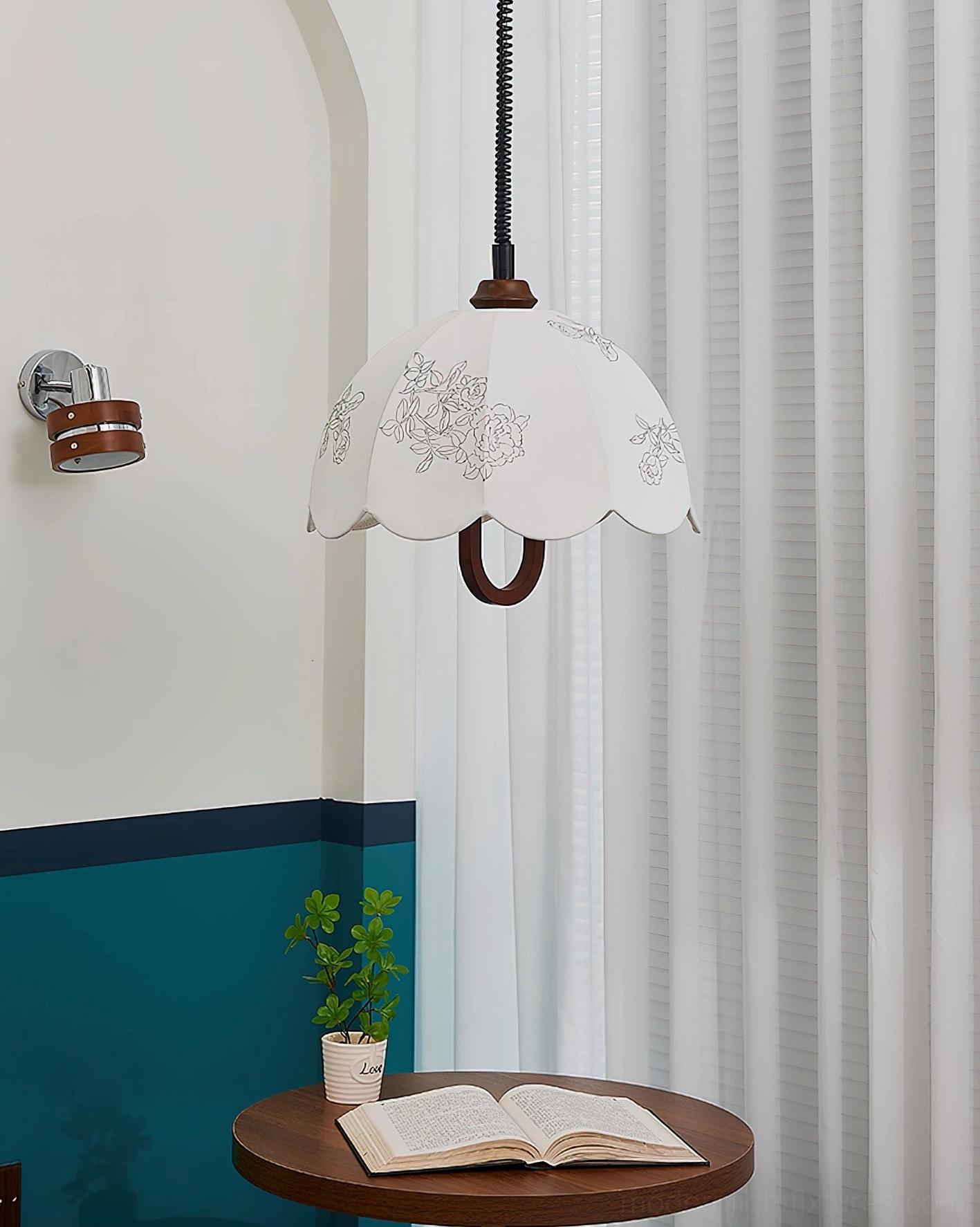 Binta pendant lamp side view vintage cottage aesthetic with wooden trim