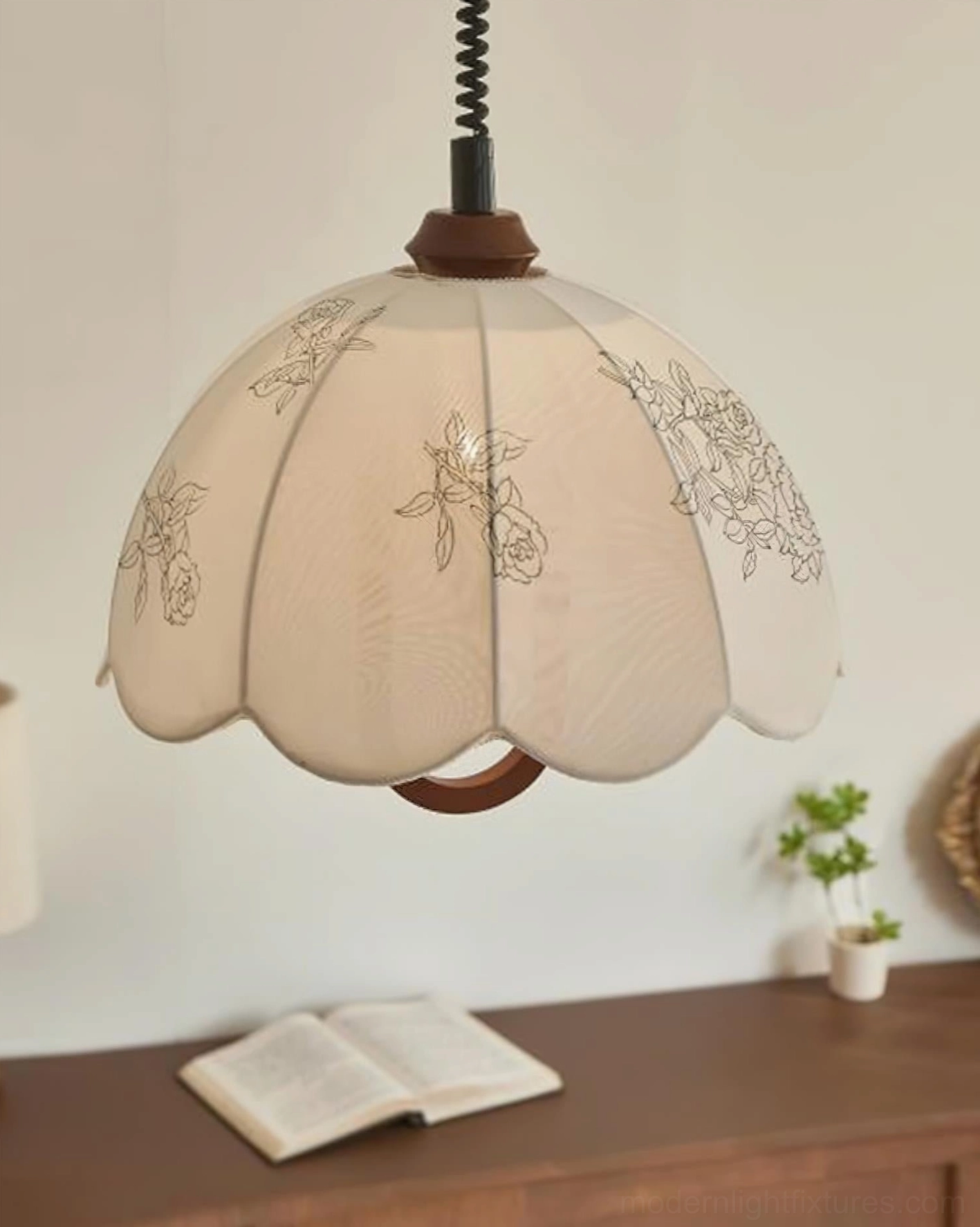 Binta fabric pendant light front side view home office desk wooden furniture