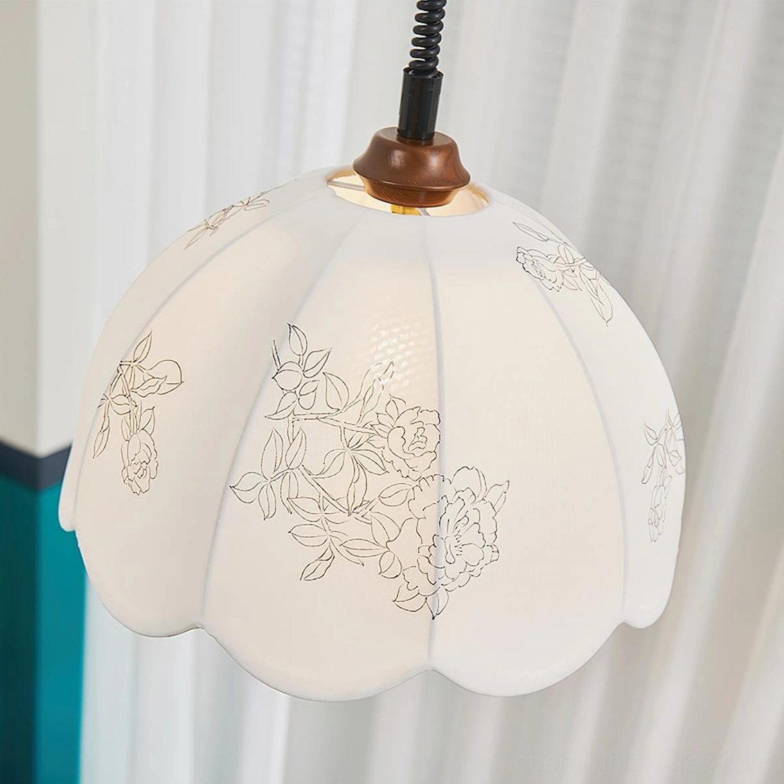 Binta fabric pendant lamp close-up detail floral embroidery rose pattern