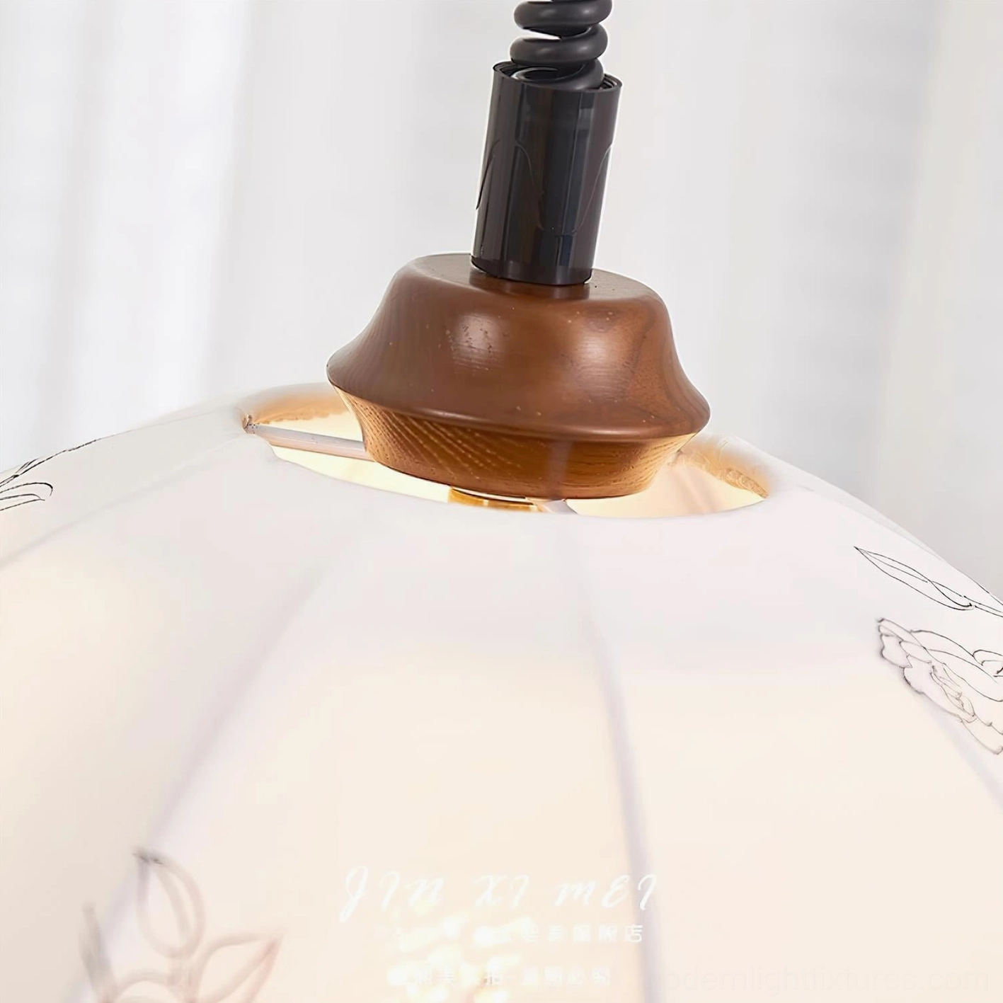 Binta pendant light detail walnut wood hardware decorative ring accent