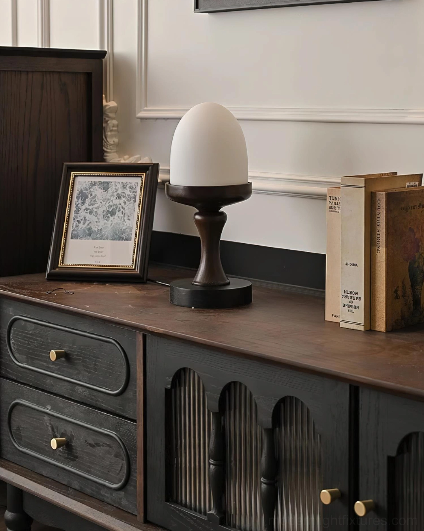 Modern biophilic table lamp showcasing frosted glass shade and natural wood construction, product detail view