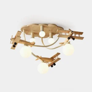 Biplane ceiling light fixture with natural wood finish and frosted glass bulbs - front overhead view