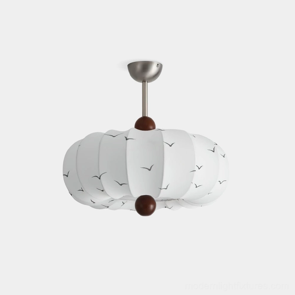 Bird Song modern fabric ceiling light fixture - front product view with white ribbed shade, seagull prints, dark wood and brushed nickel accents