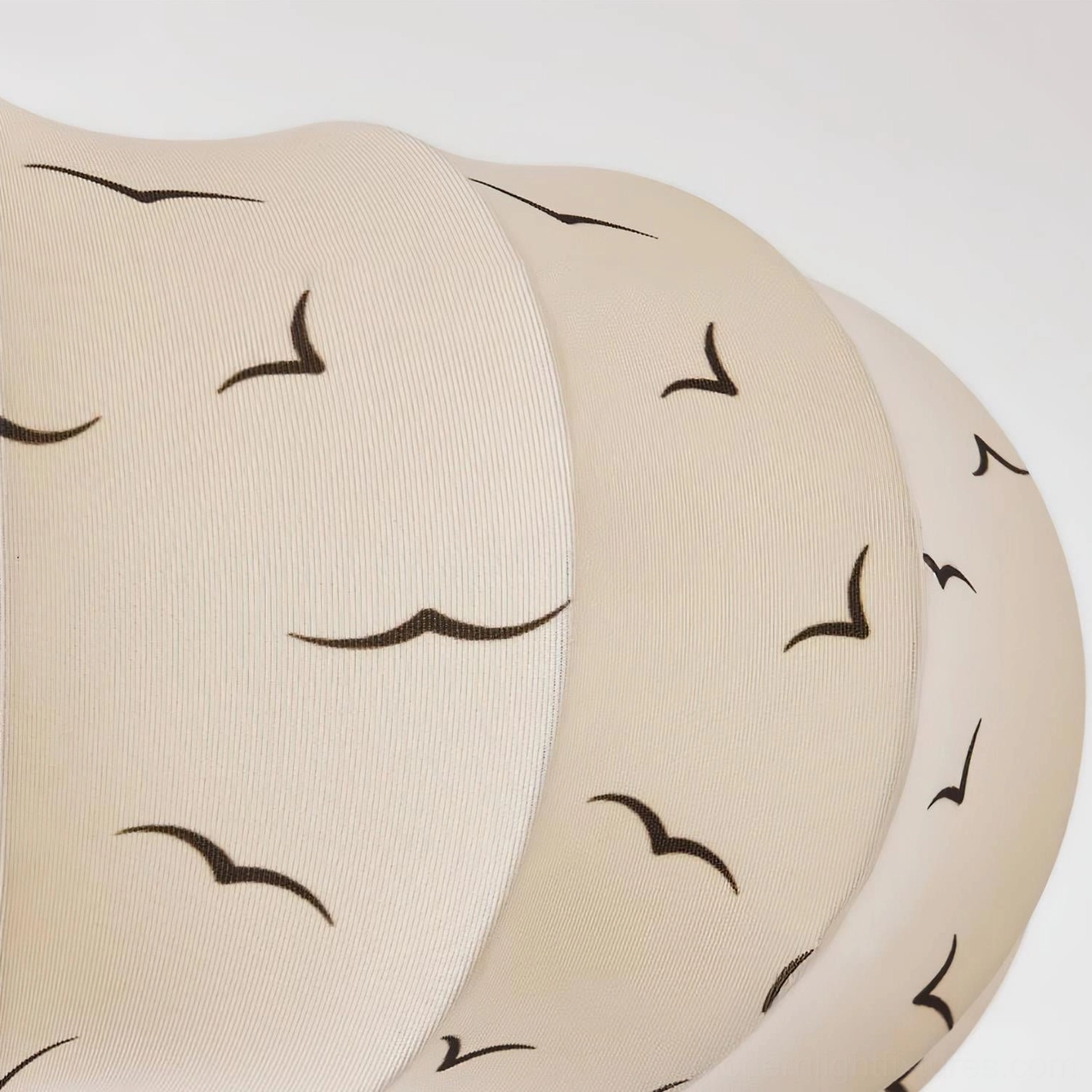 Modern Bird Song ceiling light fixture - studio product photography showing complete design with fabric shade, wood and metal components