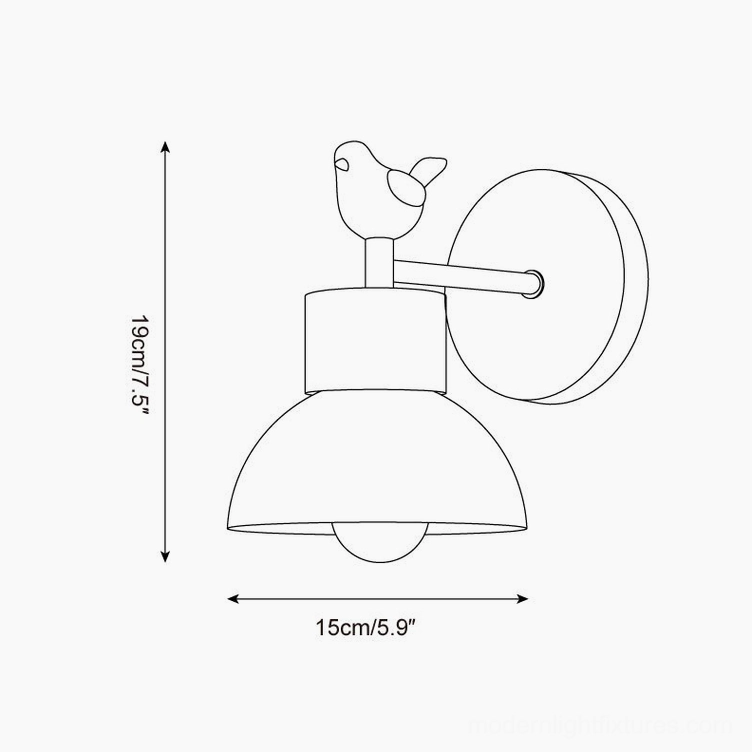 Technical schematic diagram of bird wall sconce showing dimensions - height 19cm width 15cm