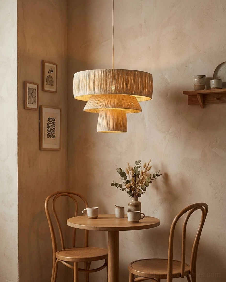 Three-tiered natural raffia woven shade pendant light in warm bistro-style dining corner with wabi-sabi wall decor