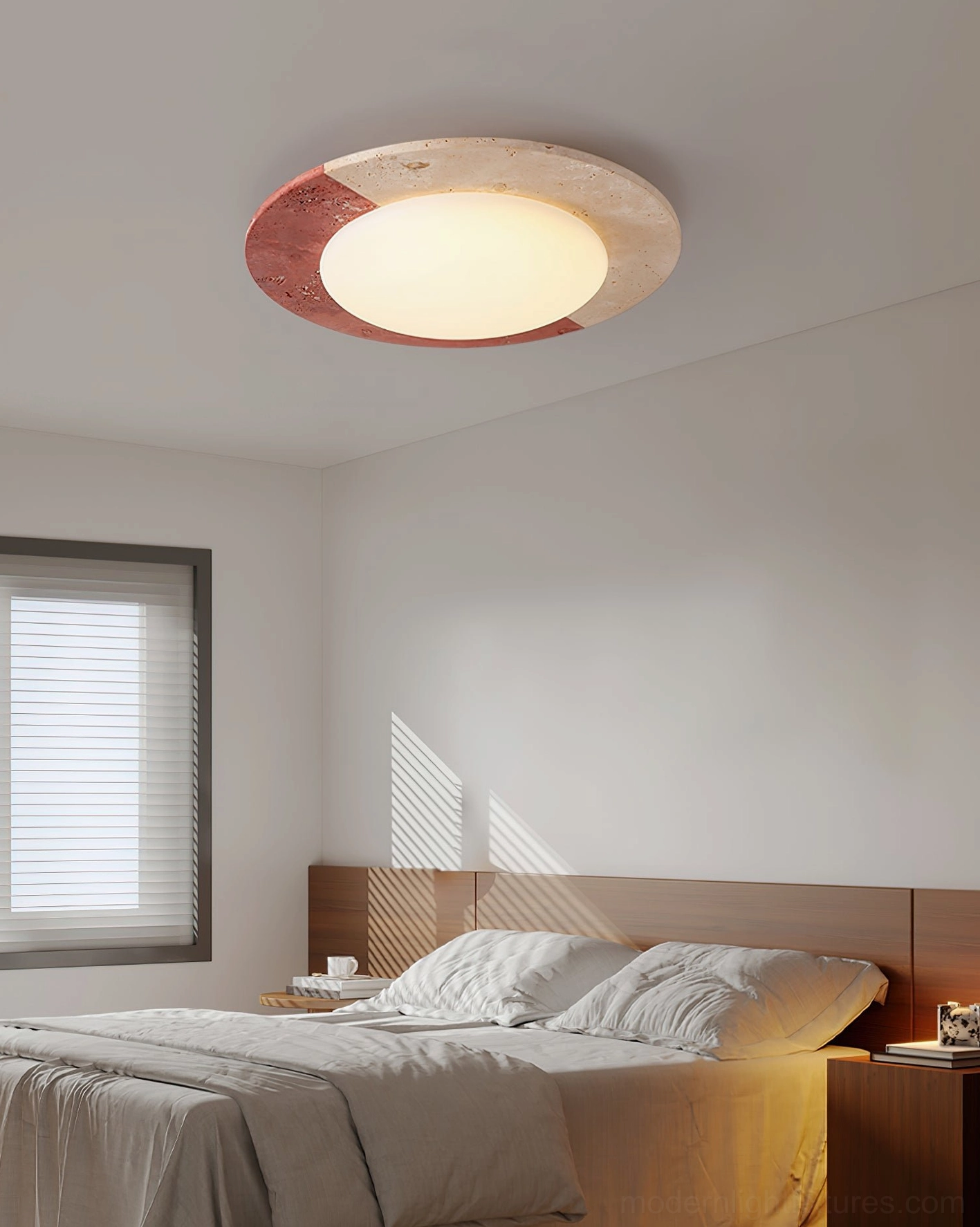 Bivora round ceiling lamp mounted in bedroom space with window blinds demonstrating 3000K warm white light output
